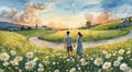 A couple walks hand in hand through a scenic field of daisies Royalty Free Stock Photo